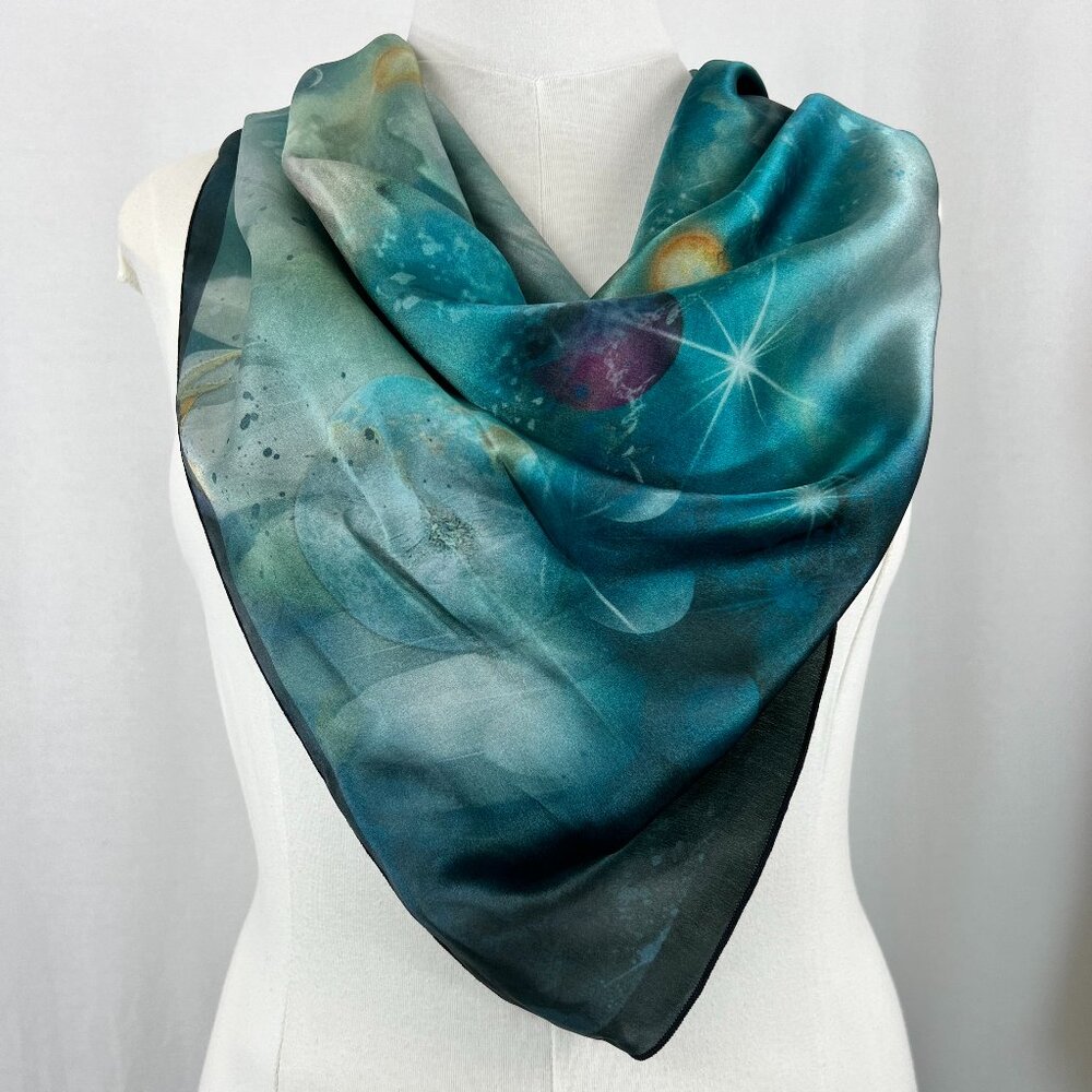 Blue Fairy Wings & Cosmic Moons Square Silk Scarf